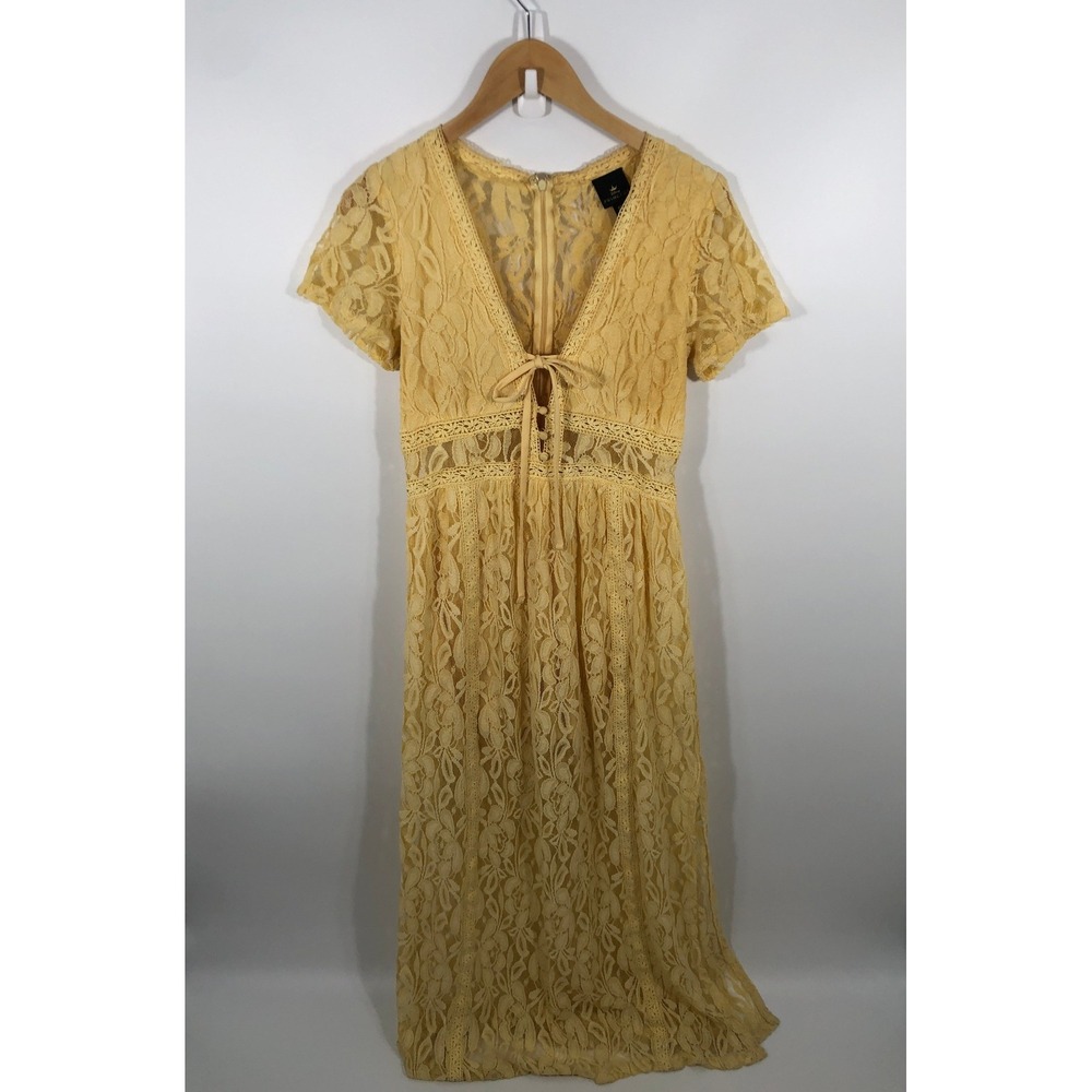 Ren Faire Maxi Dress Womens M Yellow Lace Sheer Medieval Princess Cosplay